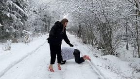 Two girl walking in the same flip flops on snow and icy road, high heels on ice, slippery high heels