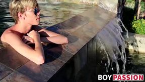 Blond twinky goes for a swim and then strokes his cock