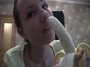 Pretty teen eats her fruit and sucks a big banana