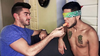 Blindfolded roommate gets cock to distract him