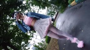 Pink Sissy Ponyboy in Sexy Stockings Posing in Public and Jumping on the Cam