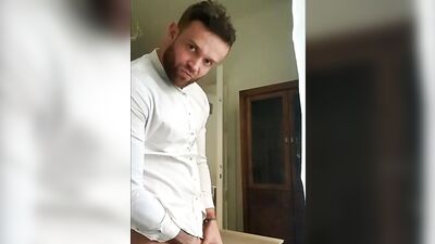 Handsome stud strips to tease with his ass and jerk off