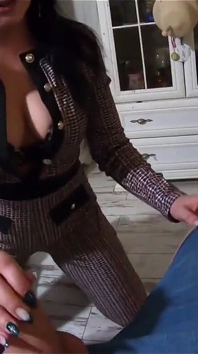 Tight Jumpsuit, Furry Boots & Messy Deepthroat with a Cum-licking Finish
