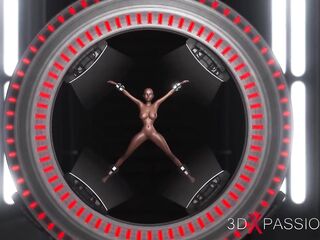 Hot sci-fi female alien plays with a ebony beauty in the space station