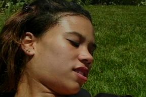 Blonde slut fucks hot Asian babe with dildo outdoors