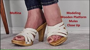 Modeling Wooden Platform Mules Close Up - MoRina shoe fetish nylon foot fetish tease (mobile vers)