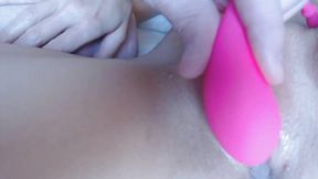 Wife masturbating with her toy then gets fucked from behind gets creampie