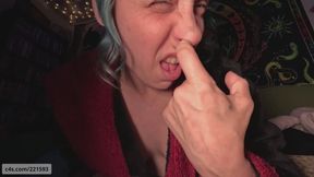 Lazy Nosepicker - GLIMMER picks nose in a robe and no makeup, with nose, nostril, picking, septum ring, nose ring, tissues, gross, nose blowing