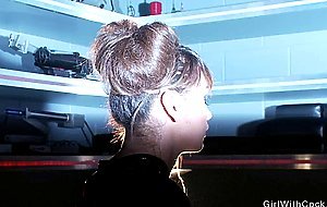 Busty Asian shemale bangs tied man