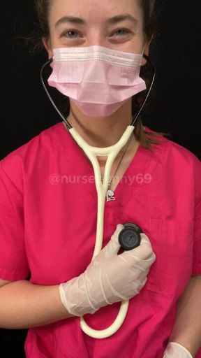 Self Stethoscope Exam Pink Scrubs White Stethoscope No Nudity