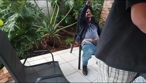 Shy Stepsister Get Fucked by Her Horny Stepbrother While His Friend Mastrubates Outside in Garden