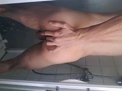 Shaving, jerking my young big cock ass spread boy