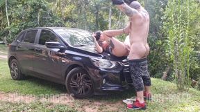 Smoking and fucking outdoors with a real couple