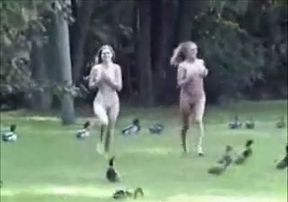 Two sexy and busty college chicks jogging outside naked