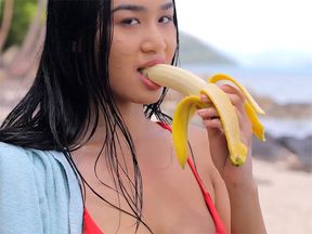 Petite big tits Asian sucking banana