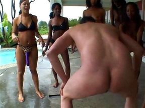 Sexy strap on wielding black chicks ravage white dude couch and in pool