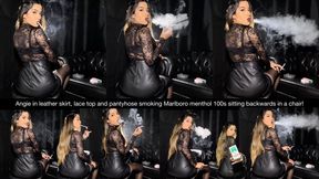 Angie in leather skirt, lace top and pantyhose smoking Marlboro menthol 100s sitting backwards in a chair!