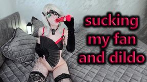 White Hair Masked Goth Girl Licks and Rubs Against Fan Sucks and Plays with it and Knotted Dildo Knot Blowjob