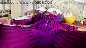 Housewife in satin pajamas has intense struggle with round butt and puffy cheeks