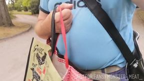 Outdoors shopping with my bulging meat