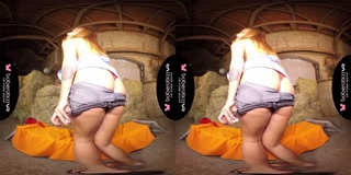 Solo girl, Daphne Klyde is using a black dildo, in VR