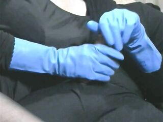 Smokin' Wife in Blue Rubber Gloves Causes a Large Spunk Fountain