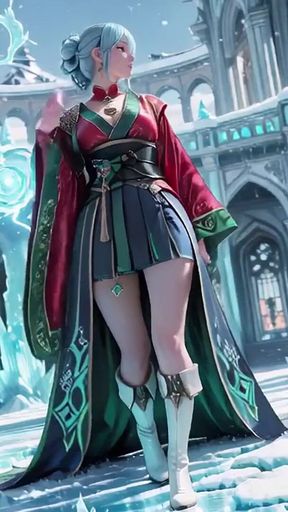 Ice Throne! Silver-haired Mage in Red-green Gown Kneeling, Blue-haired Partner Teasing in Snowy Realm!