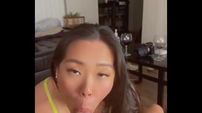 Asian slut in lingerie worshipping huge cock POV BLOWJOB CUMSHOT IN MOUTH