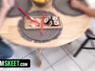 Oriental Delight! Phoebe Kalib Gets Spit Roasted and Eats Cum-Overspread Sushi!