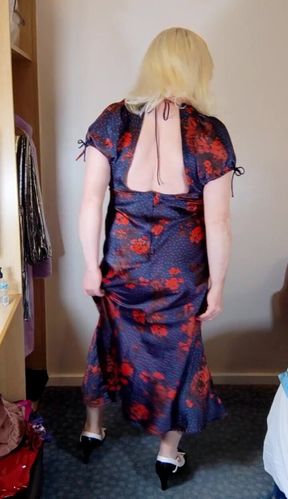 Blonde Crossdresser in Lovely Satin Dress