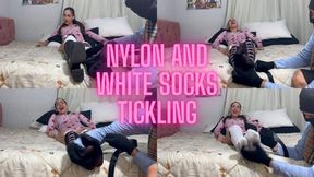 Tickling til about to pee. Latina girl tickled in white socks and nylon black stockings