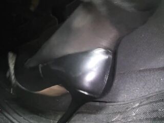 Revving and Driving in Ebony Hose and Grey High Heels
