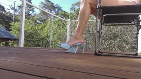 Outdoor Shoeplay and Dangling in Blue High Heel Stieltto Mules
