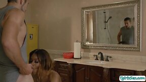 Voluptuous ebony trans woman gives sensual blowjob