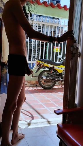 I masturbate in the doorway and almost get caught