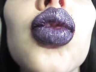 Purple glossy lips! Giving a kiss and duck face fetishes!!