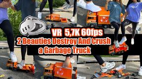 VR 3D 5,7K 180 60 fps | A large garbage truck hits two girls - the girls crush and destroy the garbage truck to pieces with their sneakers, socks, and bare feet.
