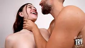 Amateur 21yo slut with medium boobs rides cock after casting