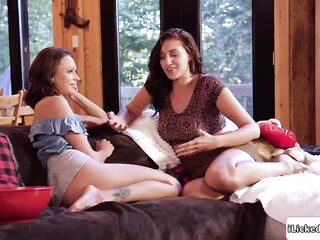 Emma Hix gives in when her lesbo bff Bella Rolland kisses her. The str8 sweetheart widens her legs and lets the lesbian eat and lick her bald snatch.