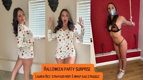 Halloween Party Surprise – Lauren Rice: Strapado Rope & Wrap Gag Struggle