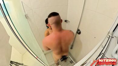 The shower leaked! Busty brunette riding hard on a thick cock.