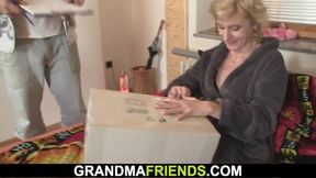 Delivery guys share small-titted blonde woman