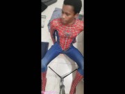 Spiderman cums while riding massive dildo