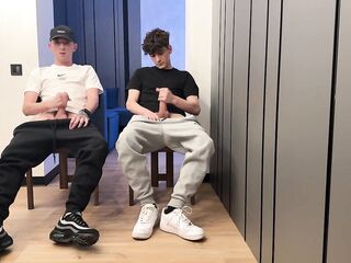 two boyz stroking uncut knob and cum