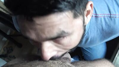 Bearded man sucks a hard cock and makes that man jizz a lot