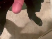 Horny college guy plays with thick dick in front of mirror
