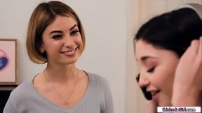 Lesbian babe showing her 18yo stepsis how to lick pussy