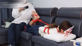 red rope hogtie bondage chinese girl in mask
