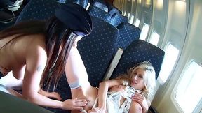 First Class Lesbo Cabin Crew Kissing, Licking, & Scissoring with Big Tits, Lingerie & MILF