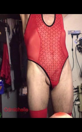 Cdmichelle Wearing Red Garter Panties &amp; One-piece Red Bodysuit